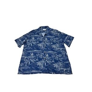 Vtg Two Palms Mens XL Hawaiian Shirt Blue White Rayon Made Hawaii Hula Print